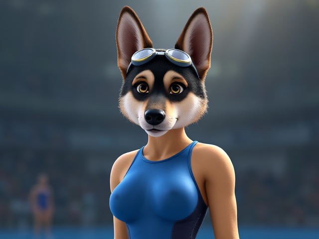 A tall anthropomorphic female German shepherd Olympic swimmer with a long torso and broad shoulders wearing a racing swimsuit and goggles
