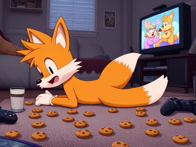 A highly detailed side view of Miles "Tails" Prower, the two-tailed fox, lying on his stomach on a cozy couch with plush cushions and a warm blanket, intently watching TV while munching on cookies. The scene includes cookies scattered all over the floor in various shapes and sizes, some resting on his fluffy butt cheeks. The TV screen shows a colorful animated show, casting a soft glow over the room. Various items such as comic books, video game controllers, and a half-empty glass of milk are spread around the living area.