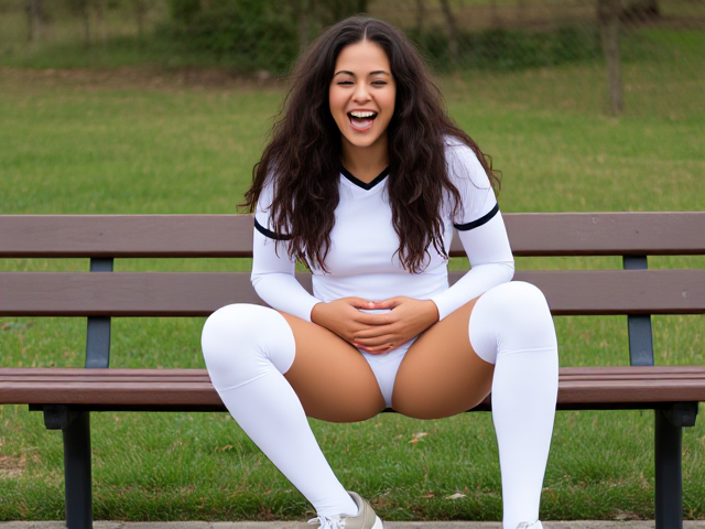 Beautiful semitic volleyball woman with long curly hair and a mostly white uniform with thigh high socks sits on a bench bursting out in laughter. Her full body is visible (including shoes) and she is clutching her stomach while she laughs.  Her shoes are neatly tied.