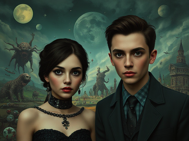 A surreal landscape reminiscing the style of Tim Burton with beautiful brunette female dark eyes handsome brunette male dark eyes trying to find their way from the sad into the good existential love lost yet hope myriad of confusing things and creatures. Ilorin spooky haunted hyper realistic elements of Salvador dali and Guillermo del Toro dark Moody