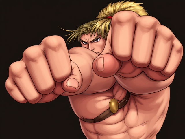 Ken masters de Street Fighter entrain de donner un coup de poing, avec une expression combative sur le visage. La pose doit être dynamique