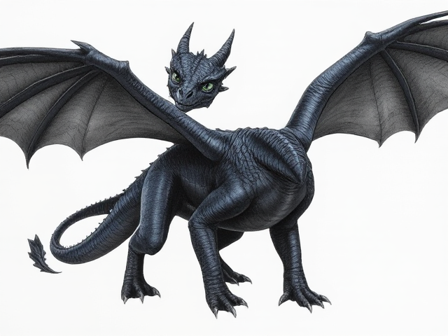 Young Female dragon with dark, midnight blue scales and obsidian black wings; obsidian black underbelly and clawed feet. She has small spikes that align from her head horns down to her back jaw. Her eyes are venom green. Narrow, beautiful face and an elegantly long neck. Has small ears like a horse. Powerfully built with taut muscles under her scales. She moves purposefully and proudly; has an expression of maturity and seriousness in her face