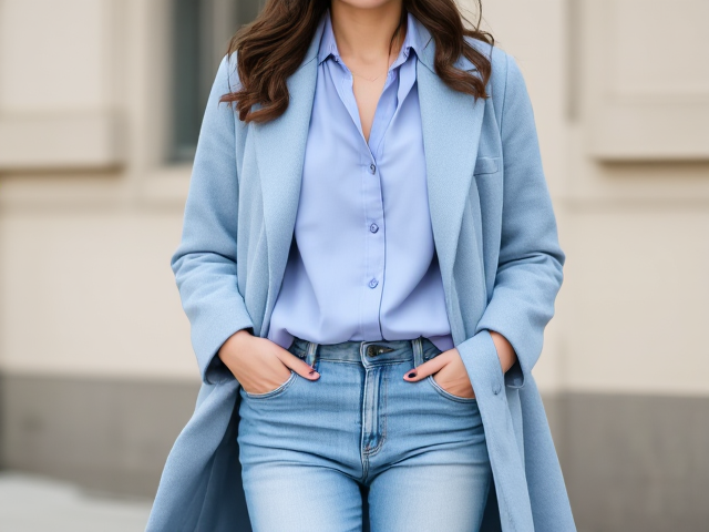 Brunette wearing a light blue coat with light blue jeans with a light blue blouse and a black pull on vest