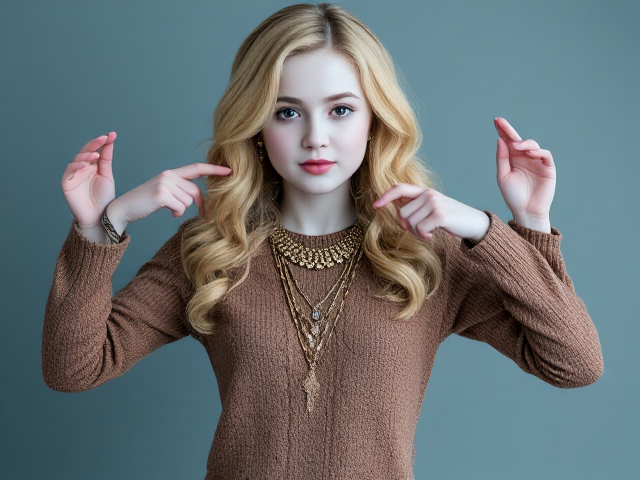 a teen girl with sky blue skin,wavy blonde hair,brown eyes and four arms.she wears a jumper with four sleeves and lots ov jewellery