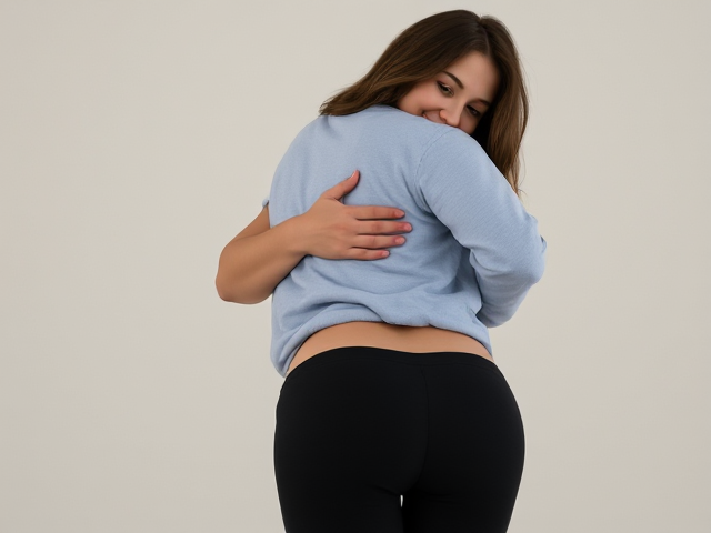 Thin Brunette wearing a light blue sweatshirt and black yoga pants smiles as her husband hugs her and grabs  her butt