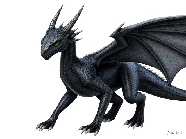 Young Female dragon with dark, midnight blue scales and obsidian black wings; obsidian black underbelly and clawed feet. She has small spikes that align from her head horns down to her back jaw. Her eyes are venom green. Narrow, beautiful face and an elegantly long neck. Has ears like a horse. Powerfully and dominantly built with taut muscles under her scales. She moves purposefully and proudly; has an expression of maturity and seriousness in her face