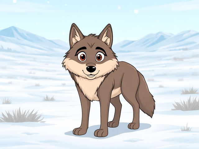 cartoon wolf with detailed fur and expressive eyes, standing in a vast snowy tundra landscape with gentle snowfall and distant mountains