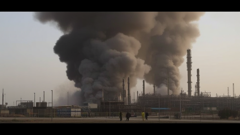 Image depicting the aftermath of Israel's airstrikes on two oil refineries in Iran, with smoke billowing from the damaged structures and emergency responders in action