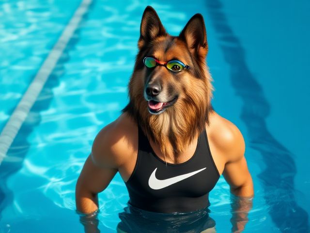 A tall anthropomorphic long haired German shepherd with a long torso and broad shoulders, wearing a high cut Nike one piece swimsuit and swimming goggles, in a Olympic swimming pool