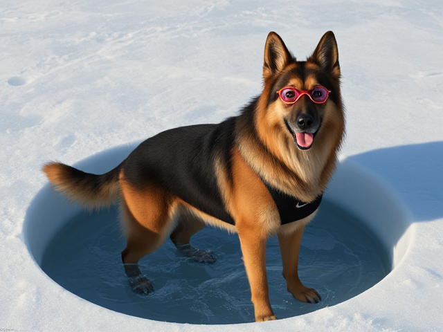 A tall anthropomorphic long haired German shepherd with a long torso and broad shoulders wearing a Nike bathing suit and swimming goggles while standing in a hole in the ice