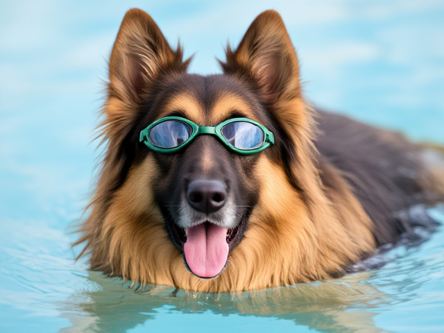 A long haired German shepherd wearing swimming goggles