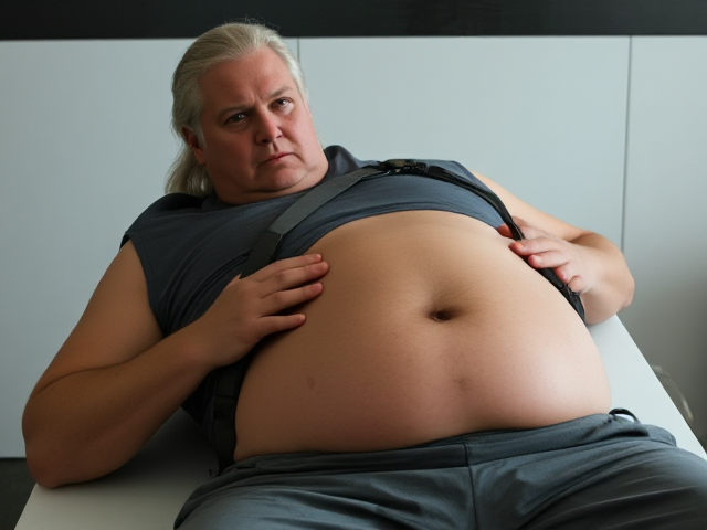 A middle age man of a strong, big build,  and a receding hairline. His hair is mostly bald on top but appears darker at the sides. He has a serious expression. His body type is somewhat stocky, with a round and slightly protruding belly . He is wearing a sleeveless tight grey shirt and is wearing workpants, he is  laying flat on back on a table, his legs inside big capsule, his belly to big for capsule opening. A young smaller woman, with silver-white hair, has an intense and piercing  expression as she stands behind the man to his left shoulder of the table and touches the mans belly and kisses his lips, The man looks over his left shoulder to see her,  but his expression serious. This scene suggests a moment of tension or confrontation between the two characters.
The grey  "hump" under the man's chin is the man’s round belly, as the angle of the shot is of the man layin DOWN FLAT ON BACK,  harnessed in,strap going around round belly, arms still at the man’s sides.  and the camera is facing up from right under his round belly, camera angle adds to this effect