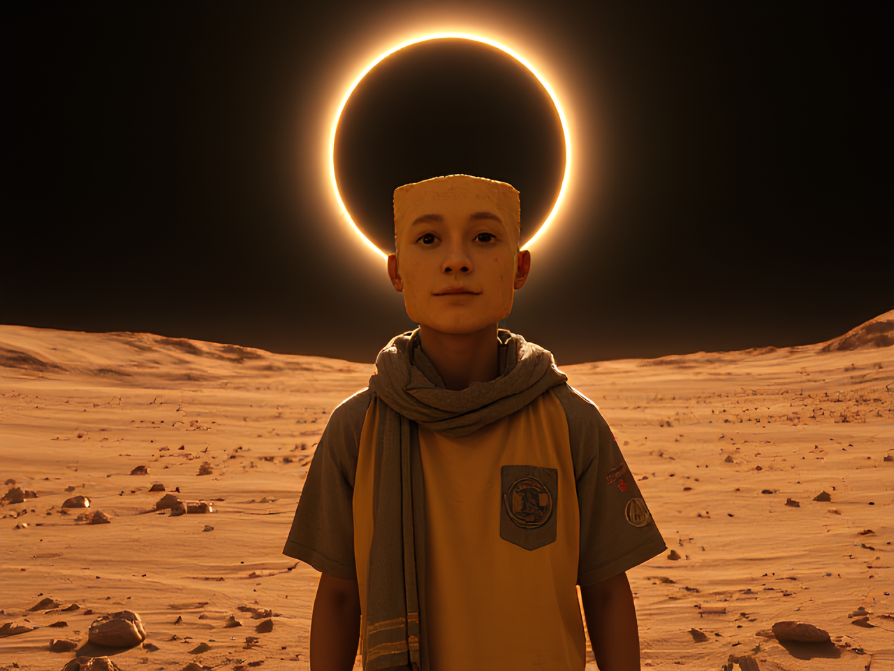 a cheese human on Mars during a Soler eclipse with clothes  on