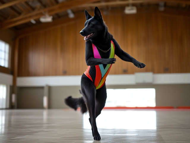 Anthropomorphic black German shepherd wearing a colorful gymnastics leotard in a gymnasium, performing a graceful routine, dynamic lighting, detailed fur texture
