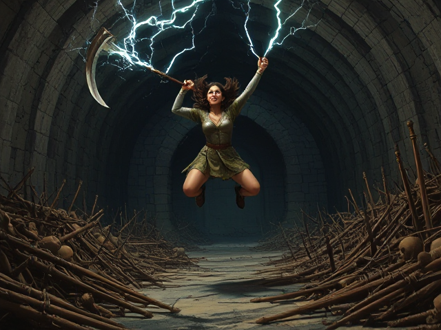 epic realistic detailed painting of a knight jumping in the air in a triumphant pose with a scythe made of lightning in a dungeon jail crypt filled with decaying and rotting skeletons piled up and swords piled up
Assistant: Create a hyperrealistic image of a Hispanic female knight joyously leaping into the air in the dim dungeon jail crypt, her features highlighted by the glow of a scythe formed entirely of crackling lightning in her grasp. The intricate details of the stonework around her hint at the sinister nature of this place. Piles of decaying, rotting skeletons scatter the ground, displaying the grim end of those who attempted escape. Heaps of rusted swords, discarded by fallen warriors, gleam ominously in the scant light. The scene is silent, except for the sound of the knight's exultation echoing against the stone walls.