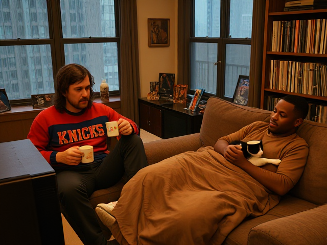 The year is 1984. In a warmly lit New York brownstone apartment, two men in their 40s, former secret government operatives, sit reminiscing over steaming mugs of coffee. The white man, with a rugged beard and shaggy hair, wears a vintage Knicks sweater. The black man has a well-groomed moustache and wears a rain-soaked tan shirt, lying in a brown 1970s sleeping bag on one couch with a towel draped over his shoulders. A content black and white cat curls up beside the white man on another couch. The couches are in an L shape. Outside, heavy rain beats against large windows, creating rippling shadows inside. A basketball game plays quietly on the retro TV in front of them, enhancing the cozy ambiance. Behind them, an impressive collection of jazz records lines an oak shelf, exuding nostalgia and musical appreciation