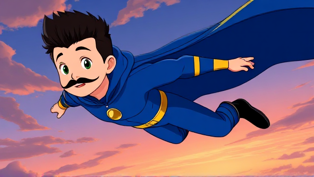Cartoon scene: A preteen 12-year old boy with light skin and freckles on his cheeks named Kyle Lipton, but transformed into a superhero named Dr. Dimensionpants, who, despite still being a kid, has an extremely muscular body. He wears a tight blue hood outlined by a yellow line that covers the back half of his head and leaves his ears exposed, with a smooth, slicked back black mohawk on top. He also wears a sleek blue bodysuit outlined with yellow lines on the cuffs of the sleeves and pants, a golden belt with a circular buckle, black boots, and a really big, heel-length long, ultra-wide blue cape with a really big collar outlined with yellow lines wreathed around his neck held up by a golden button. The pupils in his eyes are green, and he has a long black twin moustache, which help protect his true identity in this form. He also has incredible, invincible, and cosmic superpowers flowing through his veins. He is currently flying through the sky high above Ganderville, the city he protects, searching for trouble.