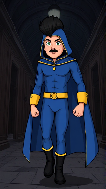 Dramatic Cartoon scene: A preteen 12-year old boy with light skin and freckles on his cheeks named Kyle Lipton, but transformed into a mysterious cosmic superhero named Dr. Dimensionpants, who, despite still being a kid, has an extremely muscular body. He wears a tight blue hood outlined by a yellow line that covers the back half of his head and leaves his ears exposed, with a smooth, slicked back black mohawk on top. He also wears a sleek blue bodysuit outlined with yellow lines on the cuffs of the sleeves and pants, a golden belt with a circular buckle, black boots, and a really big, heel-length long, ultra-wide blue cape with a really big collar outlined with yellow lines wreathed around his neck held up by a golden button. The pupils in his eyes are green, and he has a long black twin moustache, which help protect his true identity in this form. He also has incredible, invincible, and cosmic superpowers flowing through his veins. He is currently walking through a dark, abandoned museum at night, investigating the scene of the crime.