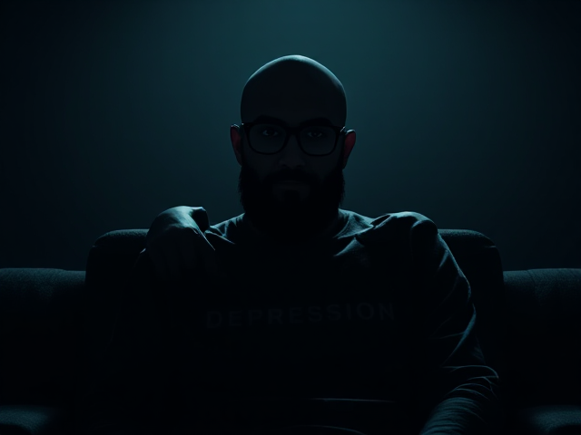 An image in the style of a Marvel Comic where a silhouette of a young bald Muslim man with a bushy beard and wearing black-framed eyeglasses is seen sitting in a dark room surrounded by darkness with a separate shadow entity clinging to his shoulders only having grey eyes and on the body the entity has the word Depression on it.