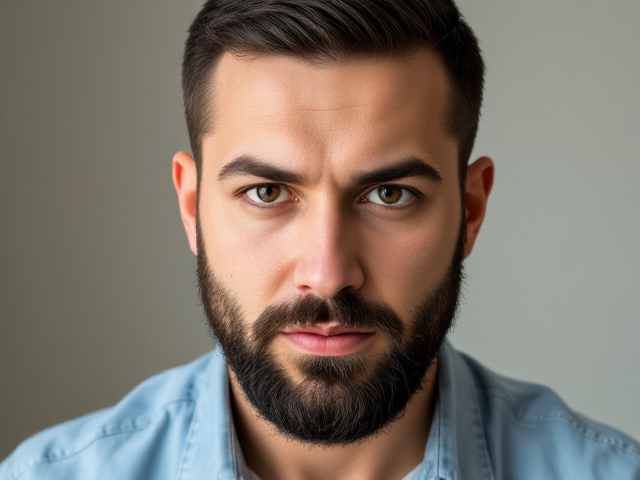 Add a so serious-looking man positioned at the center of the image. He should have short, neatly trimmed dark hair and a full beard, with a focused expression that conveys determination and intensity. His facial features should be well-defined, with soft lighting creating highlights on his cheekbones, forehead, and nose. Ensure his skin tone looks natural with realistic shading. The man should wear a light blue denim shirt with visible creases for a casual yet professional look. Add a slight glow or outline around him to separate him from the background and make him the focal point.
