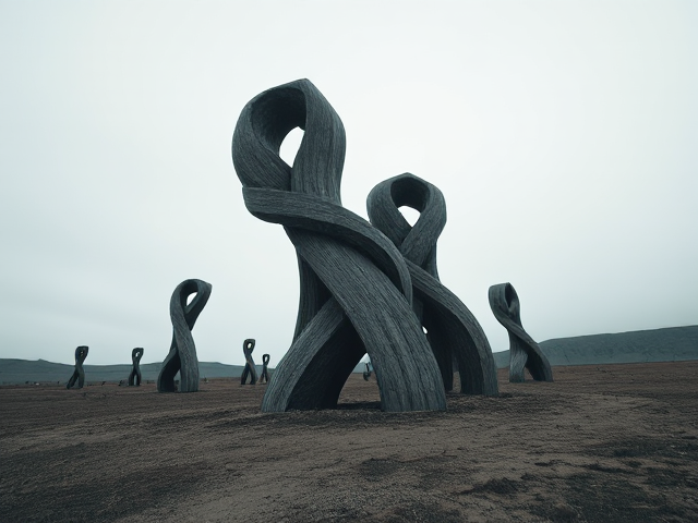 Geometric forms in a desolate landscape, twisted shapes resembling abstract sculptures, conveying deep sadness, cool muted colors, overcast sky casting soft diffused lighting, viewed from a low angle emphasizing the towering structures, intricate details and shadows creating depth