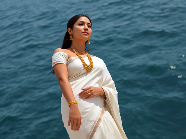 Woman in white saree with gold jewelry, a bindi, and white shoes, ocean background