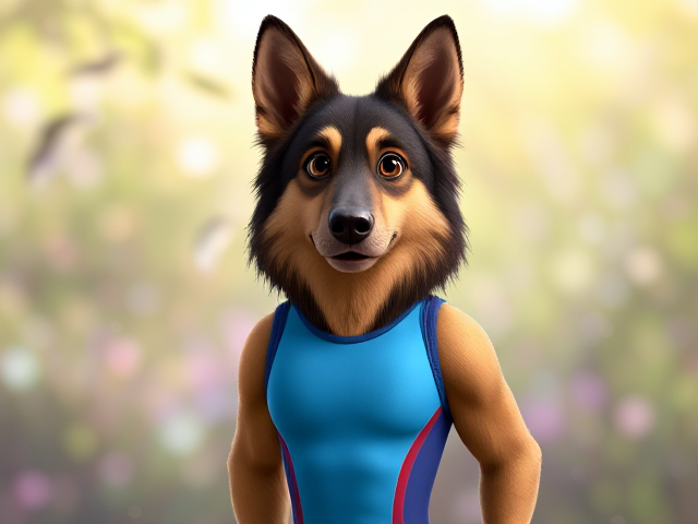 A lean and muscular anthropomorphic long-haired German shepherd wearing a gymnastics leotard