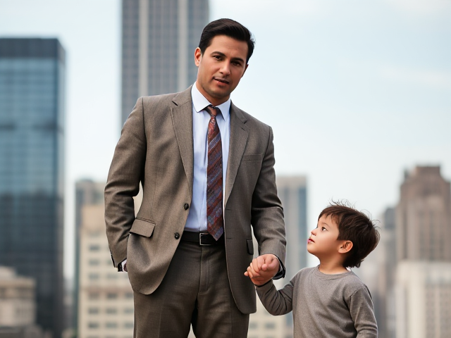 "Place a determined man in the center, wearing a slightly worn suit, with strong, focused eyes. He stands tall, holding the hand of a young child who looks up at him with admiration. The child is about four years old, dressed in simple clothes, symbolizing innocence and trust. Position them so the man’s stance shows resilience and protectiveness. The contrast of the worn suit against the bright cityscape in the background should highlight his journey from hardship to success. The style is impactful and inspiring, emphasizing strength, care, and transformation."