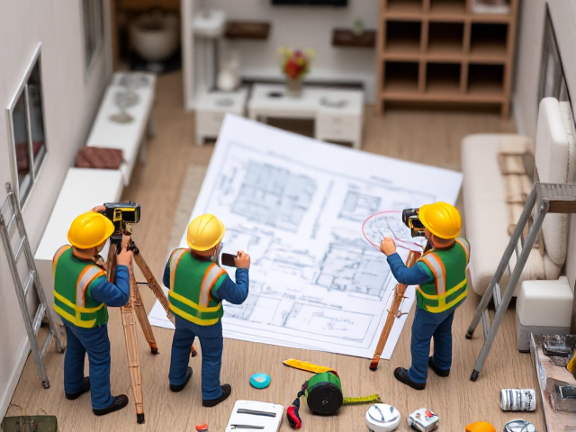 Miniature workers conduct a thorough site survey to gather information on the apartment's dimensions, layout, and existing conditions. They use advanced tools like laser distance meters, 3D scanners, and digital blueprints. The scene is detailed with various equipment such as ladders, measuring tapes, and construction helmets. The background shows an intricately designed apartment interior with furniture and decor in place.