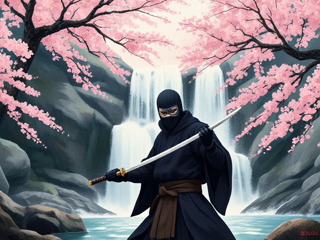 An Japanese brush art style image of a masked vigilante with swords in a detailed Japanese Waterfall surrounded by Blossom trees. 8k, PFP