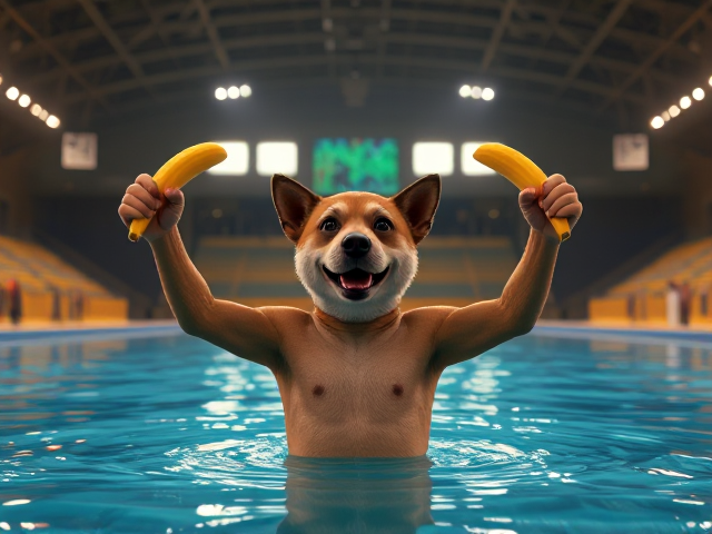 An anthropomorphic dog wearing an invisible swim suit in an Olympic pool triumphantly holding up a banana in each hand.