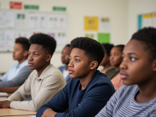 Des élèves afro-américains attentifs et engagés dans une salle de classe lumineuse, avec des livres et des tableaux sur les murs