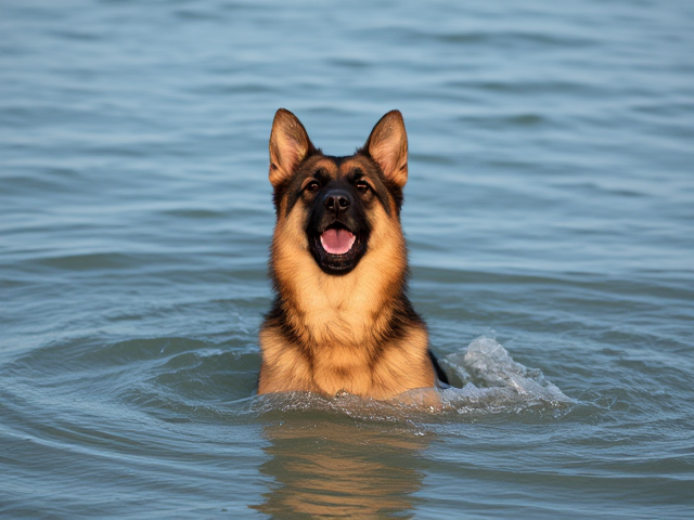 A German shepherd rises from the ocean’s surface to take a breath