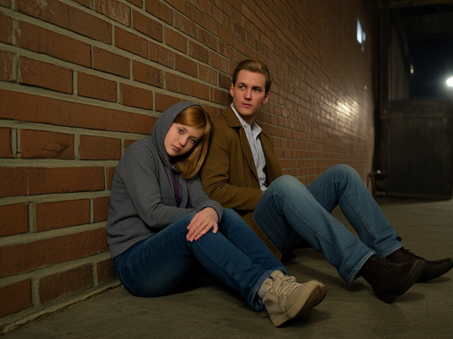 a petite, 13-year-old girl with strawberry blonde hair, wearing jeans and a hooded pullover, sits slumped with her back against a brick wall, feet forward, legs outstretched. Next to her sits a modern-day male vampire, 28 years old, with pale skin and blonde hair, dressed in jeans and a brown trenchcoat. The vampire is slumped against the wall as well, feet forwards, legs outstretched. The girl has a forlorn look and rests her head on the vampire's shoulder. Set at night in an abandoned warehouse, in a holding room with no windows. The vampire is roughed up from a fight. Both have their backs against the wall. 
The vampire looks straight ahead, worried.. they're in a locked room. Seen through a window in the door. Both have their egs outstretched, feet forward, flat on the ground.