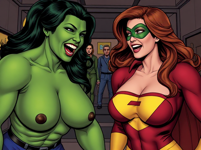 She-Hulk and the Super Girl laughing hysterically with each other