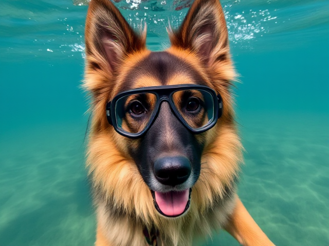 A long haired German shepherd wearing Freediving goggles