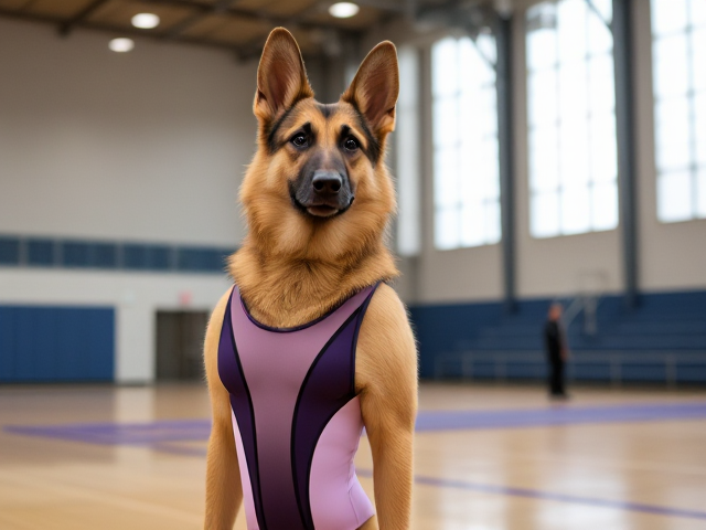 A anthropomorphic German shepherd with blonde hair wearing a gymnastics leotard in a gymnasium