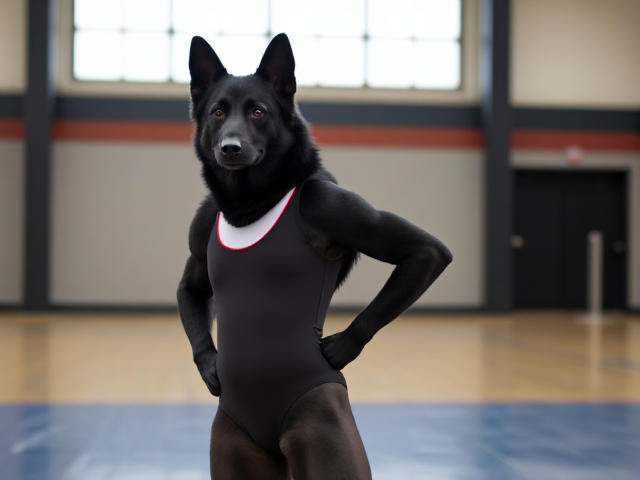 Anthropomorphic black German shepherd wearing a gymnastics leotard, posing with emphasis on its hips in a gymnasium setting, detailed and vibrant colors