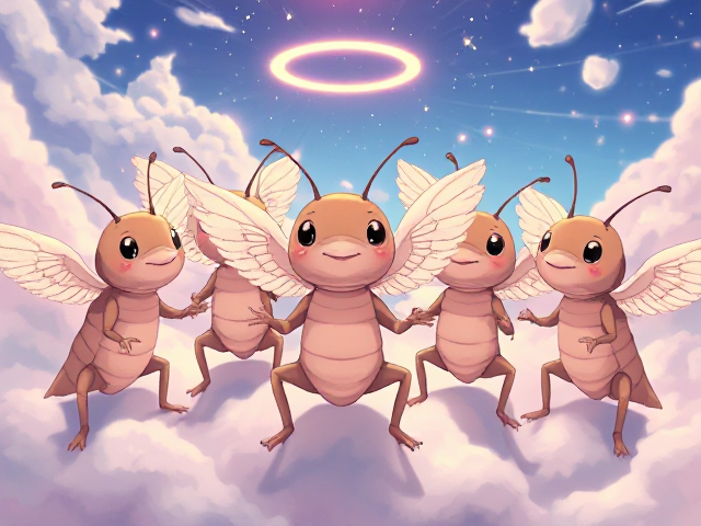 seven cute angelic cockroaches with angel wings in heaven