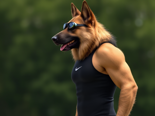 A tall and lean anthropomorphic long haired German shepherd with a long torso and broad shoulders wearing a high cut Nike one piece swimsuit and swimming goggles