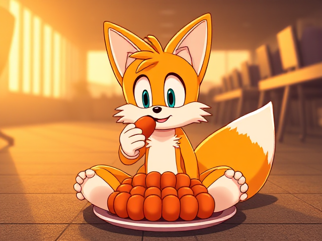 Tails the young and very cute Two tailed fox, sitting naked on the floor of Sega HQ with his head tilted slightly either left or right, nibbling on a hot dog with a plate FULL of hot dogs directly in front of him, with little paw pads on his feet, Sega video game