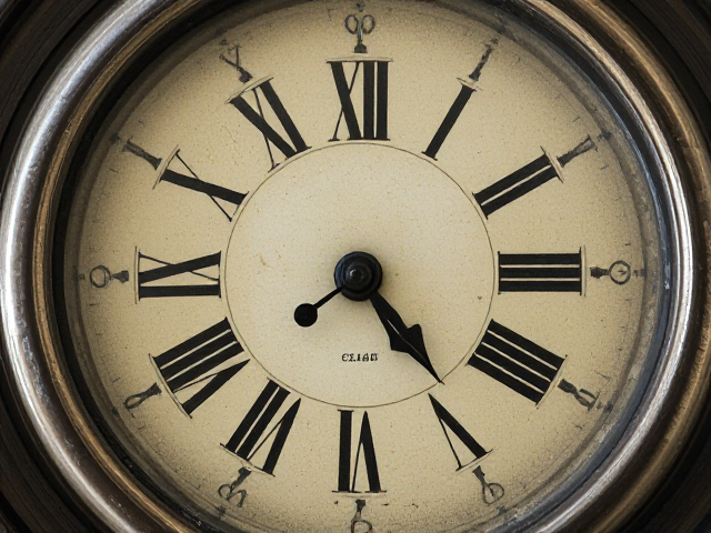 a round vintage clock. The clock should have Roman numerals and a slightly dusty or tarnished look, emphasizing its old-fashioned charm.