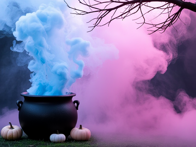 An image with a cauldron in the bottom left of the image that has thick blue and pink smoke and bubbles coming out of the top. Have the cauldron on the left edge of the image Add a couple of stacks of pastel blue and pink pumpkins around the cauldron. Make some of the smoke swirl around the cauldron. In the top of the image add tree branches with a spider web.