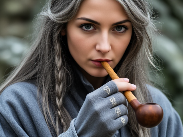 A stock photo of a female wizard, long grey hair with small braids, thick grey robes with intricate silver trim, grey fingerless gloves, smoking a long thin wooden pipe. Mood: mystical and serene. Dominant colors: shades of grey, silver, and earthy brown. Soft, diffused lighting, shallow depth of field, portrait composition, eye-level angle, focus on facial expression and pipe details.