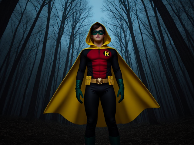 Dramatic and Chilling Movie scene: A young, Autistic 25-year old boy with light skin and brown hair named T.J. Granger, but dressed as a new version of Robin, The Boy Wonder, with an extremely muscular body, wearing a sleek black long-sleeved bodysuit with a red torso with a black circle with a yellow R symbol on his left pectoral, a golden utility belt with a circular buckle with yellow pouches attached to it that hold all of his unique gadgets, green boots, green long-cuffed gloves, a really big, toe-length long, ultra-wide yellow hooded cape wreathed around his neck that drapes around his body, and a green eye mask that protects his true identity, now known as Robin, The Phantom Of The Night. He is currently finding himself standing in the withered forest of a dark and mysterious dimension under an eternal night, looking around at his new haunted surroundings as he tries to figure out how he got there.