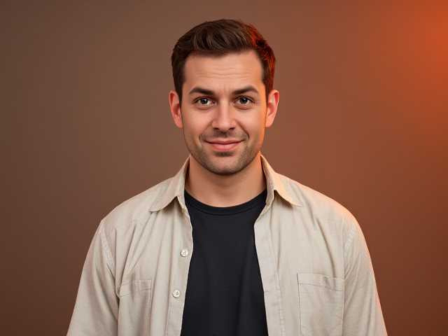 create a man who should have a very disgusted or confused expression—slightly raised eyebrows and an awkward smile—as he looks directly at the viewer. Style him in a light-colored casual shirt with patterns layered over a dark t-shirt. Add a bright orange glow on the right side of his figure to highlight him as the main subject. Position him slightly larger till the waist complete