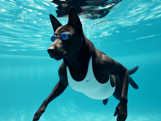 A tall and lean anthropomorphic black German shepherd with a long torso and broad shoulders wearing a white high cut Nike one piece swimsuit and swimming goggles underwater