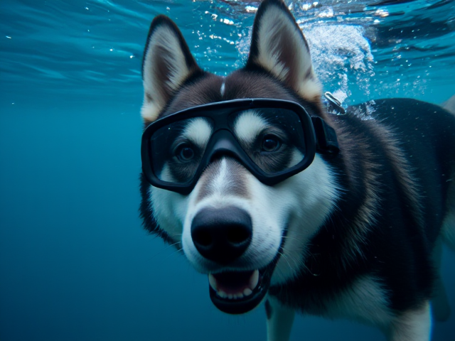 An Alaskan malamute wearing Freediving goggles underwater