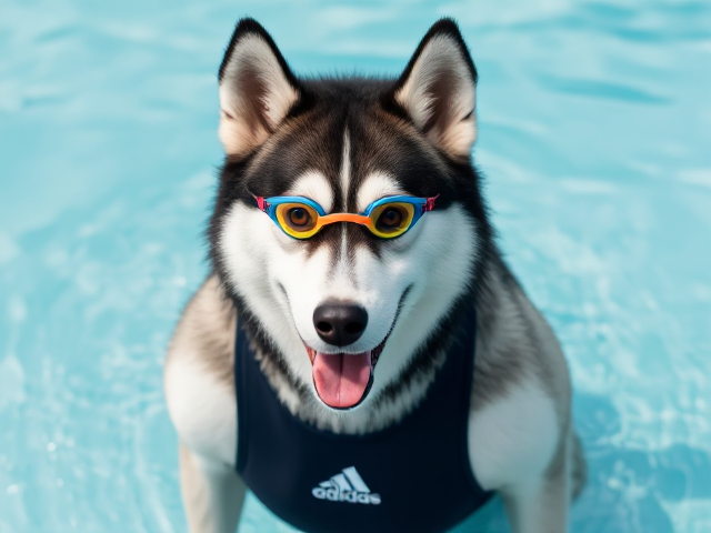 A anthropomorphic Siberian husky wearing an adidas swimsuit and swimming goggles