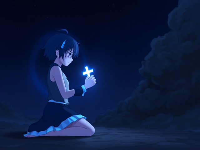 A kneeling anime character with blue rings and a radiant deep blue aura holding a glowing mini cross, illuminating it towards a dark black cloud on the right